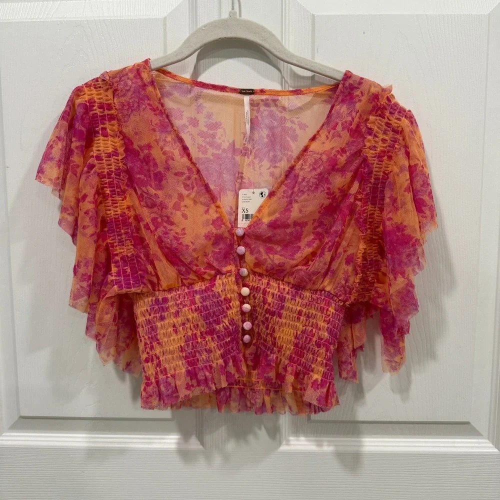 Free People XS Top Floral Print‎ Ruffle Sleeve Smocked Blouse Orange Pink